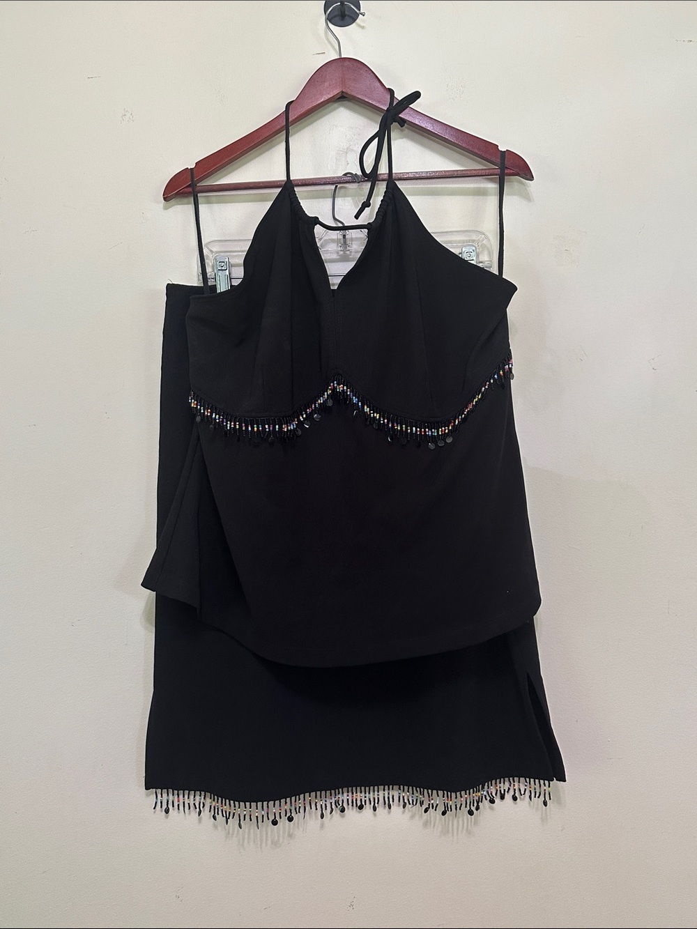 Elegant Black Beaded Fringe Halter Skirt Set